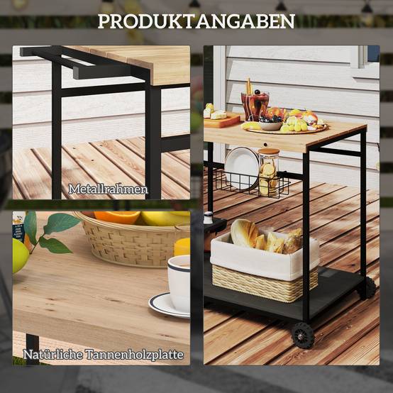 ComfortXL - Desserte de jardin bois de sapin et acier naturel noir 97,5 x 65 x 81 cm 2 niveaux porte-bouteilles mobile - Image 6