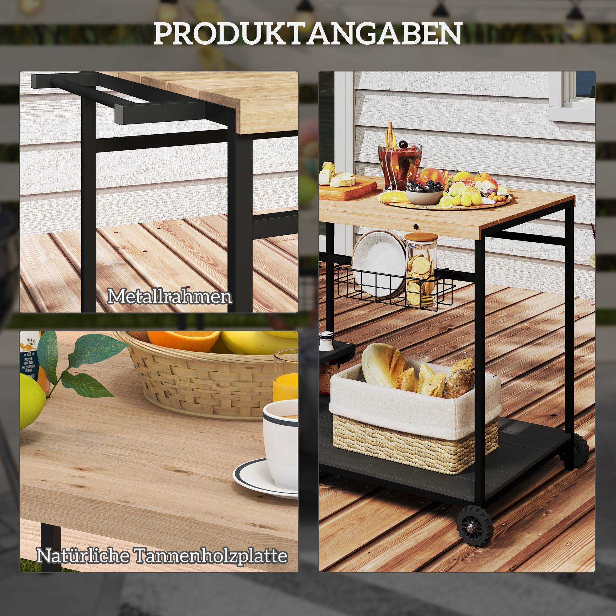 ComfortXL - Desserte de jardin bois de sapin et acier naturel noir 97,5 x 65 x 81 cm 2 niveaux porte-bouteilles mobile - Image 6