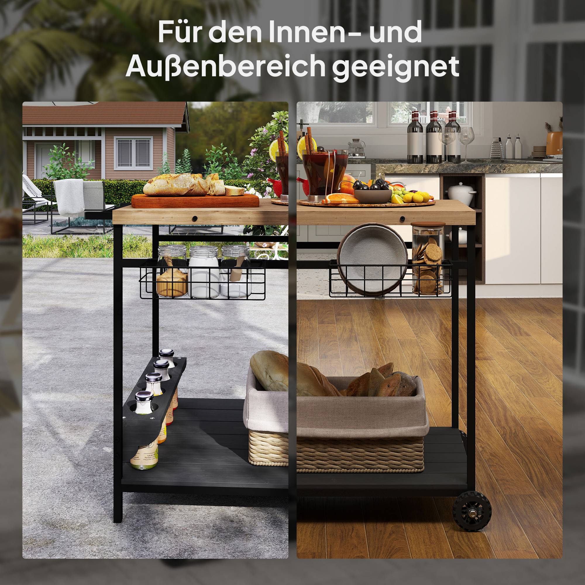 ComfortXL - Desserte de jardin bois de sapin et acier naturel noir 97,5 x 65 x 81 cm 2 niveaux porte-bouteilles mobile - Image 7