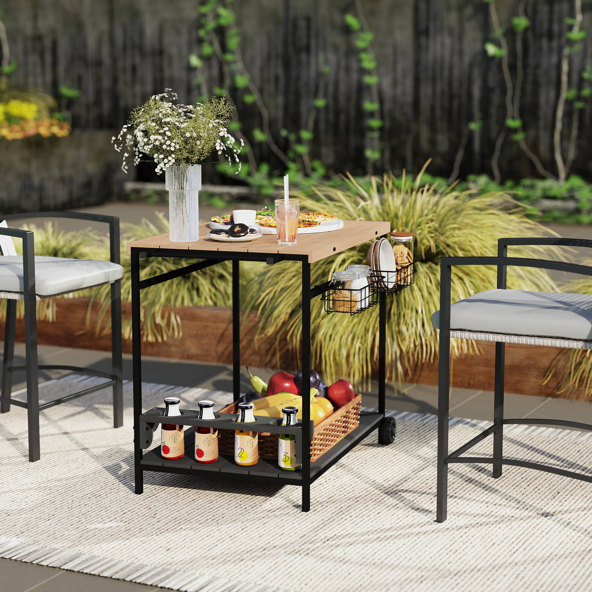 ComfortXL - Desserte de jardin bois de sapin et acier naturel noir 97,5 x 65 x 81 cm 2 niveaux porte-bouteilles mobile - Image 9