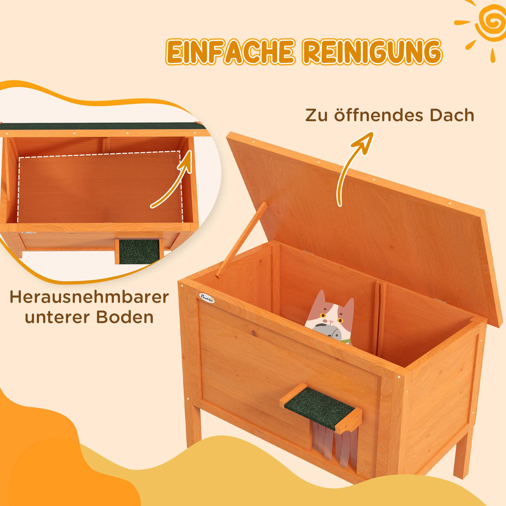 Niche d'extérieur pour chat, résistante aux intempéries, 1 fenêtre, 1 entrée, 85 x 50 x 68,5 cm, orange et vert - Image 7