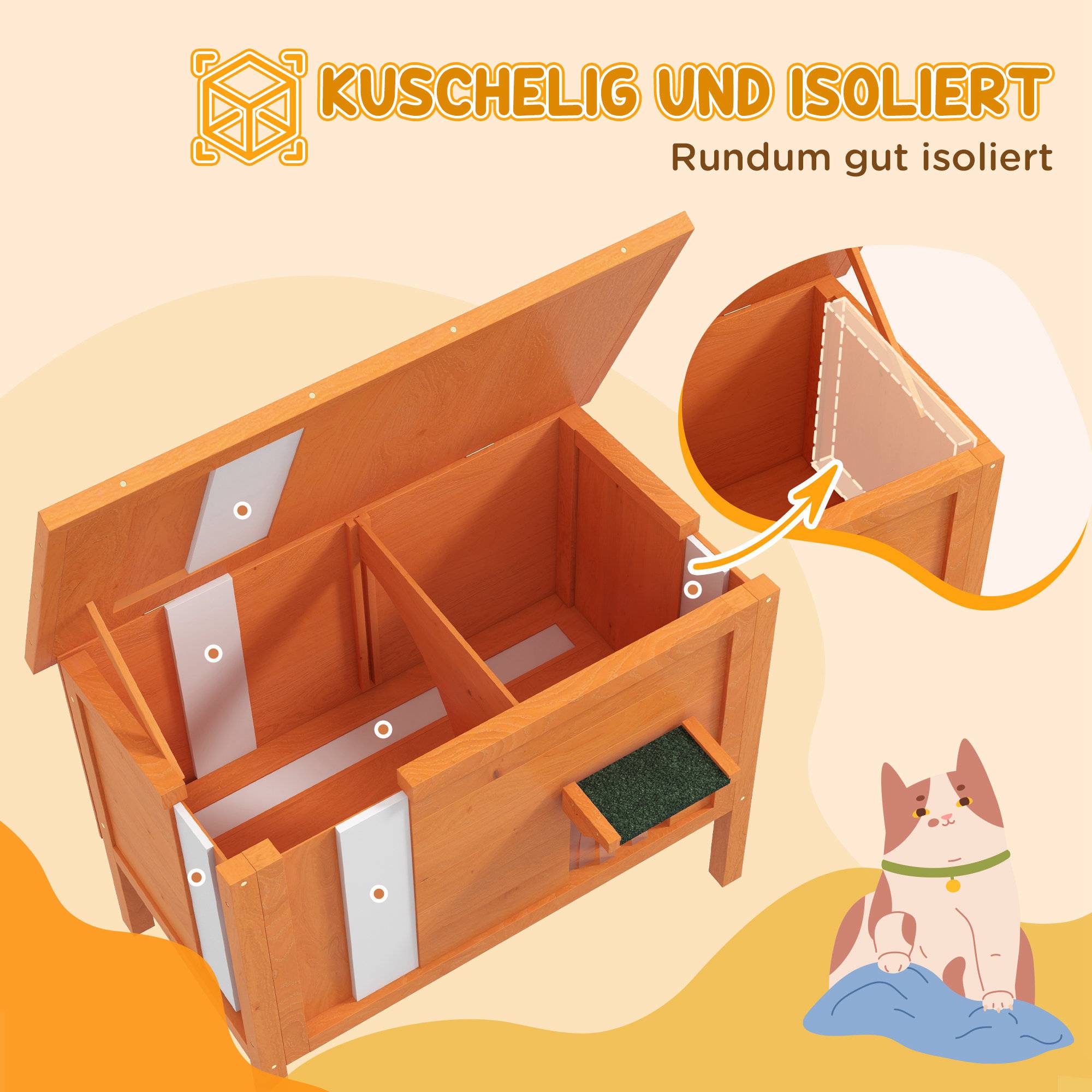 Niche d'extérieur pour chat, résistante aux intempéries, 1 fenêtre, 1 entrée, 85 x 50 x 68,5 cm, orange et vert - Image 6