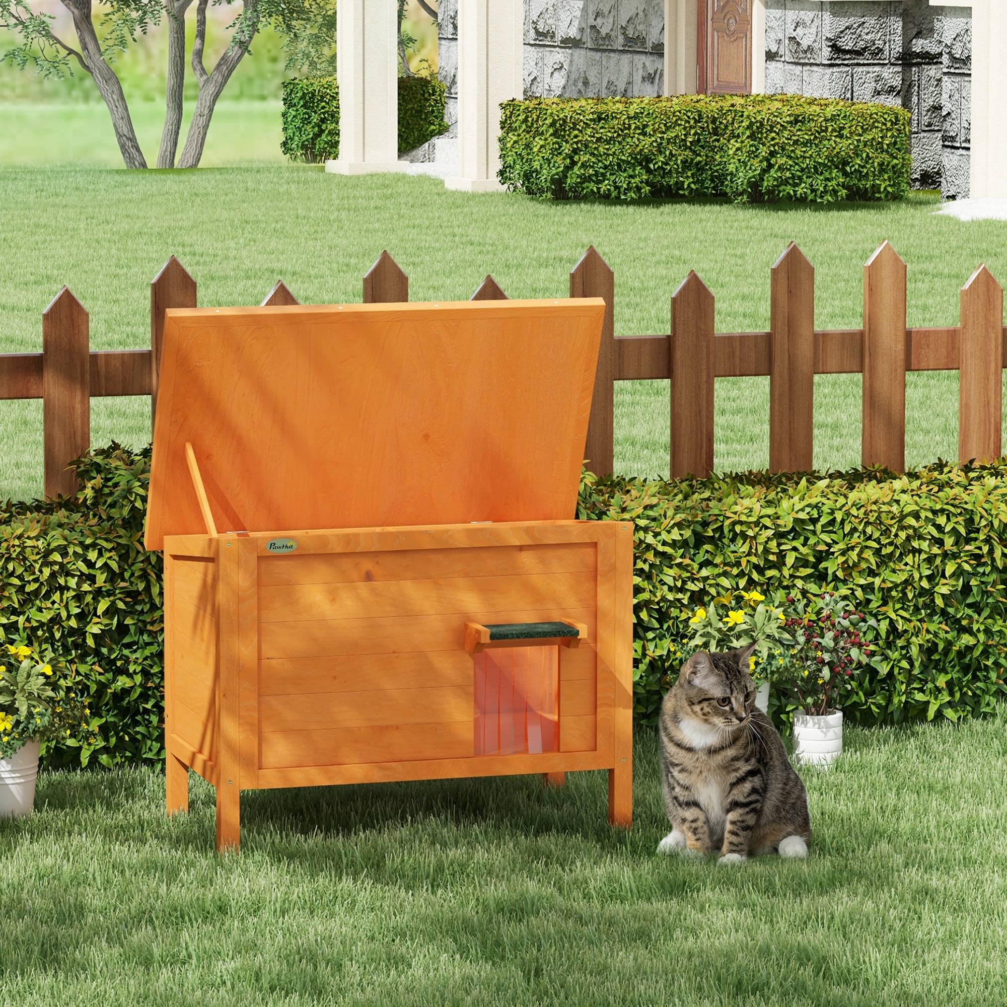 Niche d'extérieur pour chat, résistante aux intempéries, 1 fenêtre, 1 entrée, 85 x 50 x 68,5 cm, orange et vert - Image 3