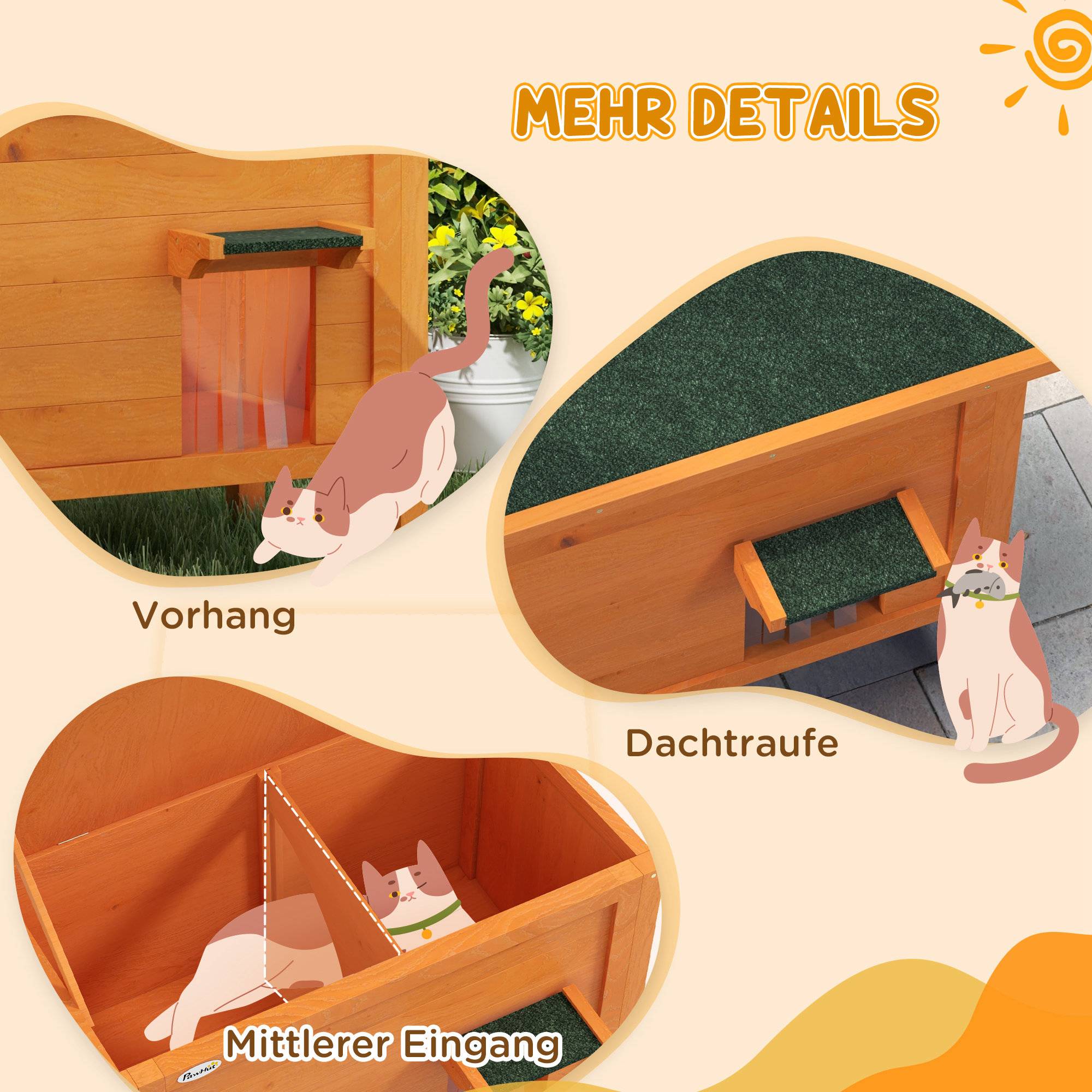 Niche d'extérieur pour chat, résistante aux intempéries, 1 fenêtre, 1 entrée, 85 x 50 x 68,5 cm, orange et vert - Image 9