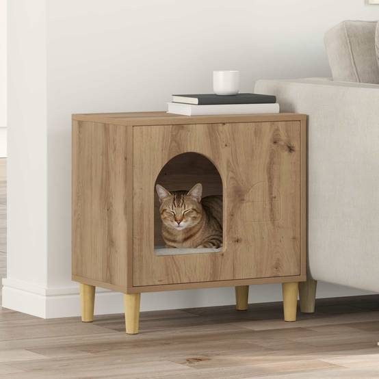 Maison pour chat bois d'ingénierie chêne artisan 51 x 30 x 52 cm, Poids:9.37kg - PANGIVO - Image 1