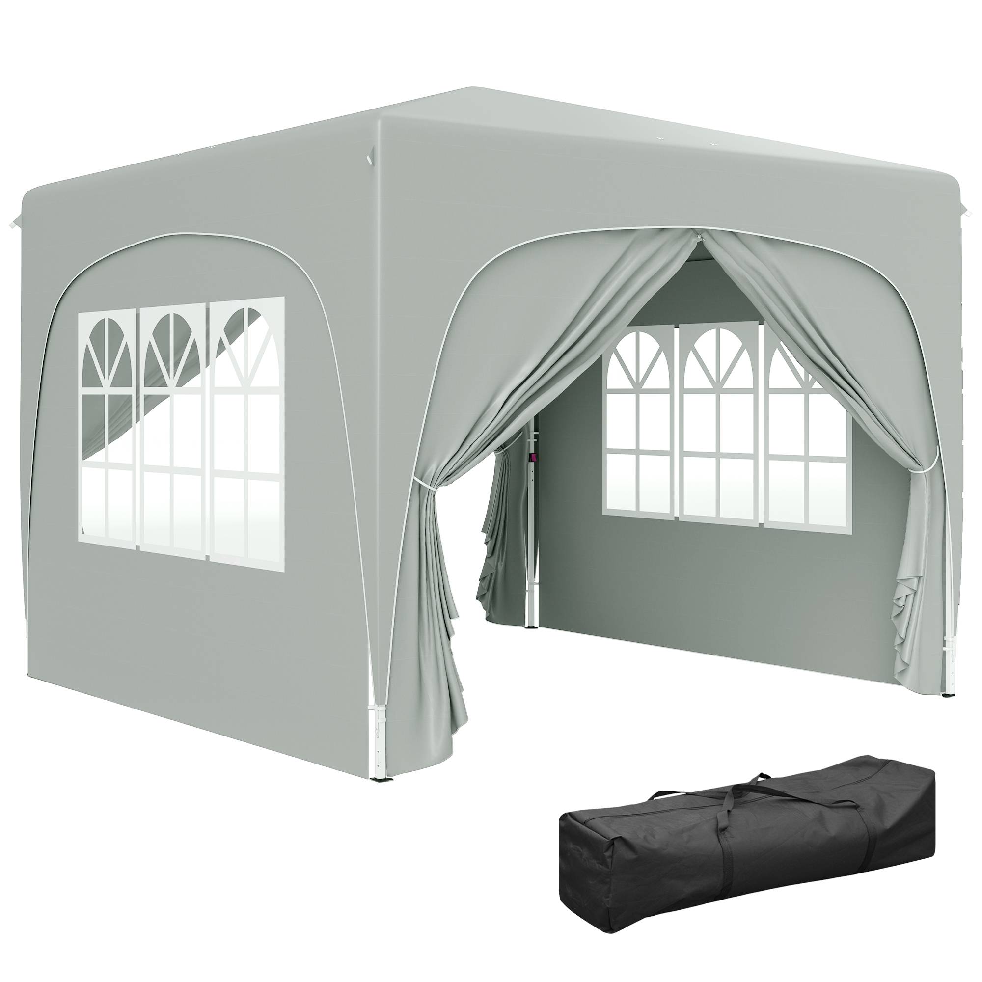 Tente pliante 3x3m avec 3 niveaux de hauteur réglables, 4 côtés, fenêtres et sac de transport, imperméable UPF50+, grise - Image 1