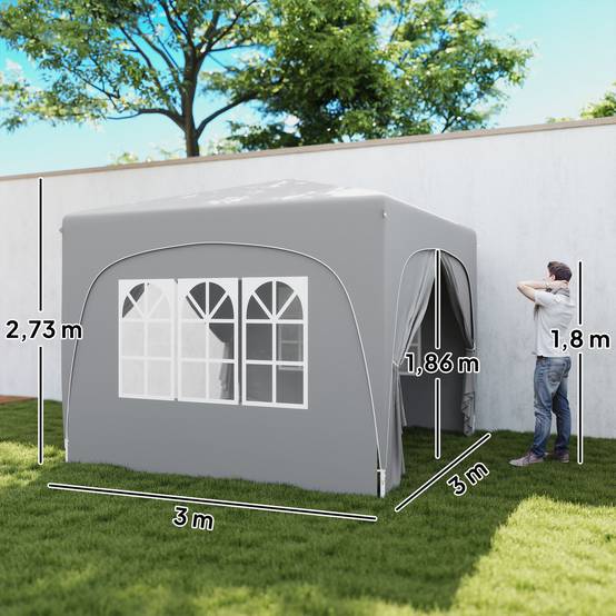 Tente pliante 3x3m avec 3 niveaux de hauteur réglables, 4 côtés, fenêtres et sac de transport, imperméable UPF50+, grise - Image 5