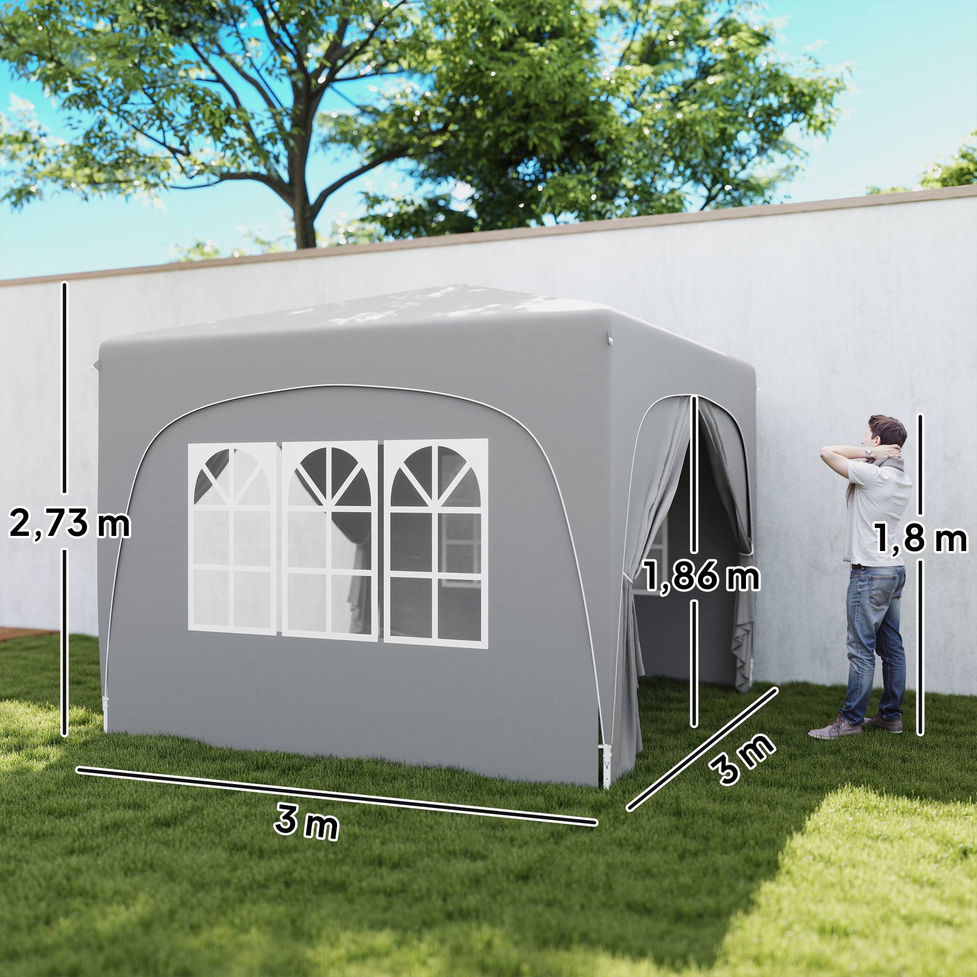 Tente pliante 3x3m avec 3 niveaux de hauteur réglables, 4 côtés, fenêtres et sac de transport, imperméable UPF50+, grise - Image 5