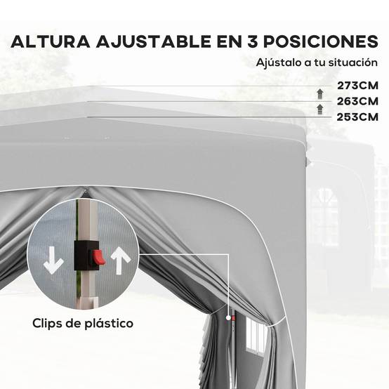 Tente pliante 3x3m avec 3 niveaux de hauteur réglables, 4 côtés, fenêtres et sac de transport, imperméable UPF50+, grise - Image 7