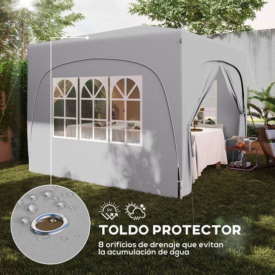 Tente pliante 3x3m avec 3 niveaux de hauteur réglables, 4 côtés, fenêtres et sac de transport, imperméable UPF50+, grise - Image 8