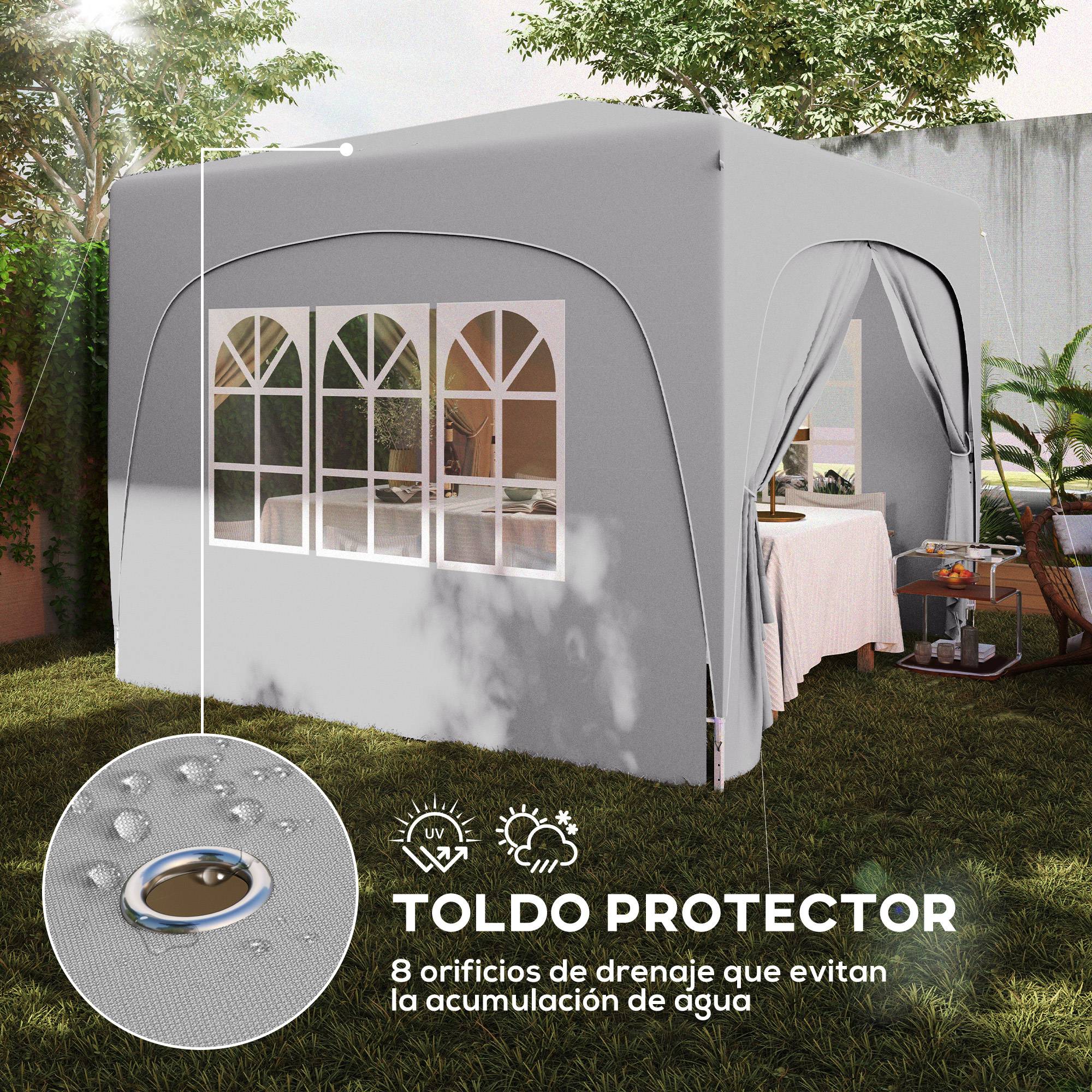 Tente pliante 3x3m avec 3 niveaux de hauteur réglables, 4 côtés, fenêtres et sac de transport, imperméable UPF50+, grise - Image 8