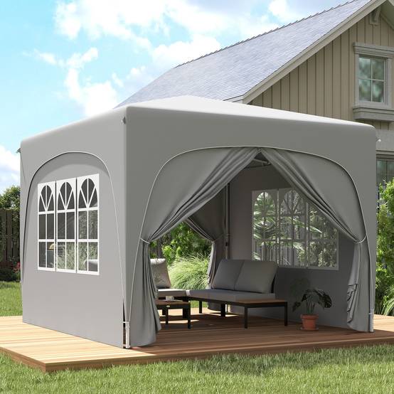 Tente pliante 3x3m avec 3 niveaux de hauteur réglables, 4 côtés, fenêtres et sac de transport, imperméable UPF50+, grise - Image 4