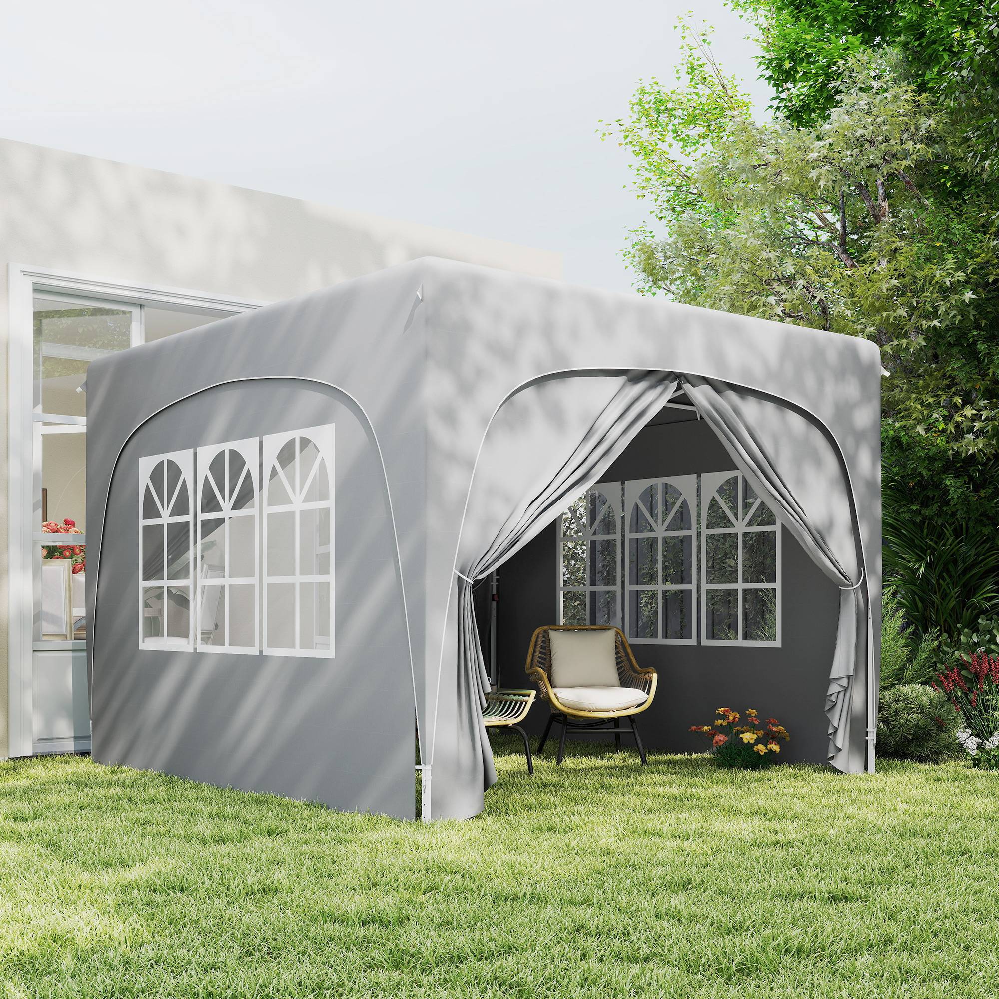 Tente pliante 3x3m avec 3 niveaux de hauteur réglables, 4 côtés, fenêtres et sac de transport, imperméable UPF50+, grise - Image 10