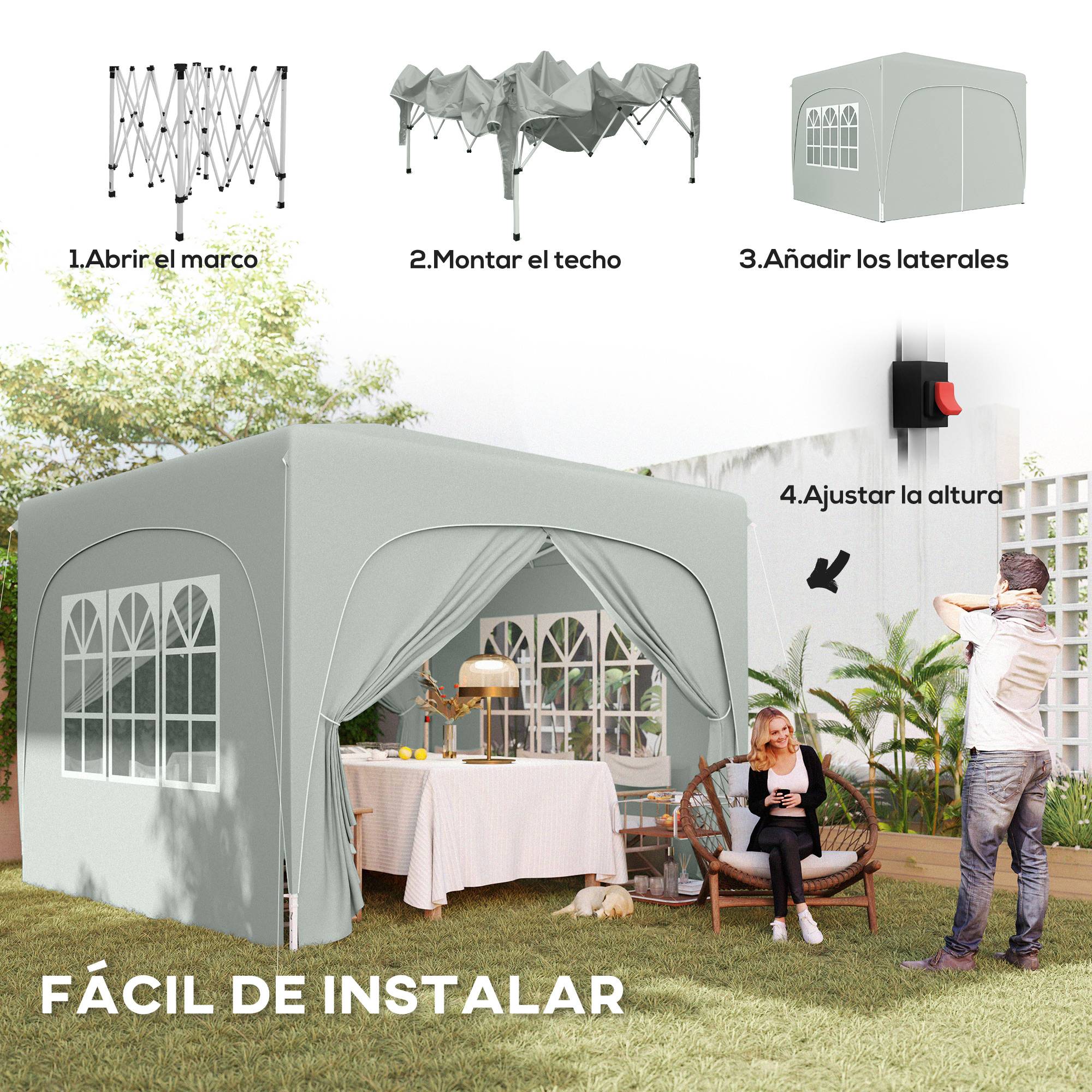 Tente pliante 3x3m avec 3 niveaux de hauteur réglables, 4 côtés, fenêtres et sac de transport, imperméable UPF50+, grise - Image 6