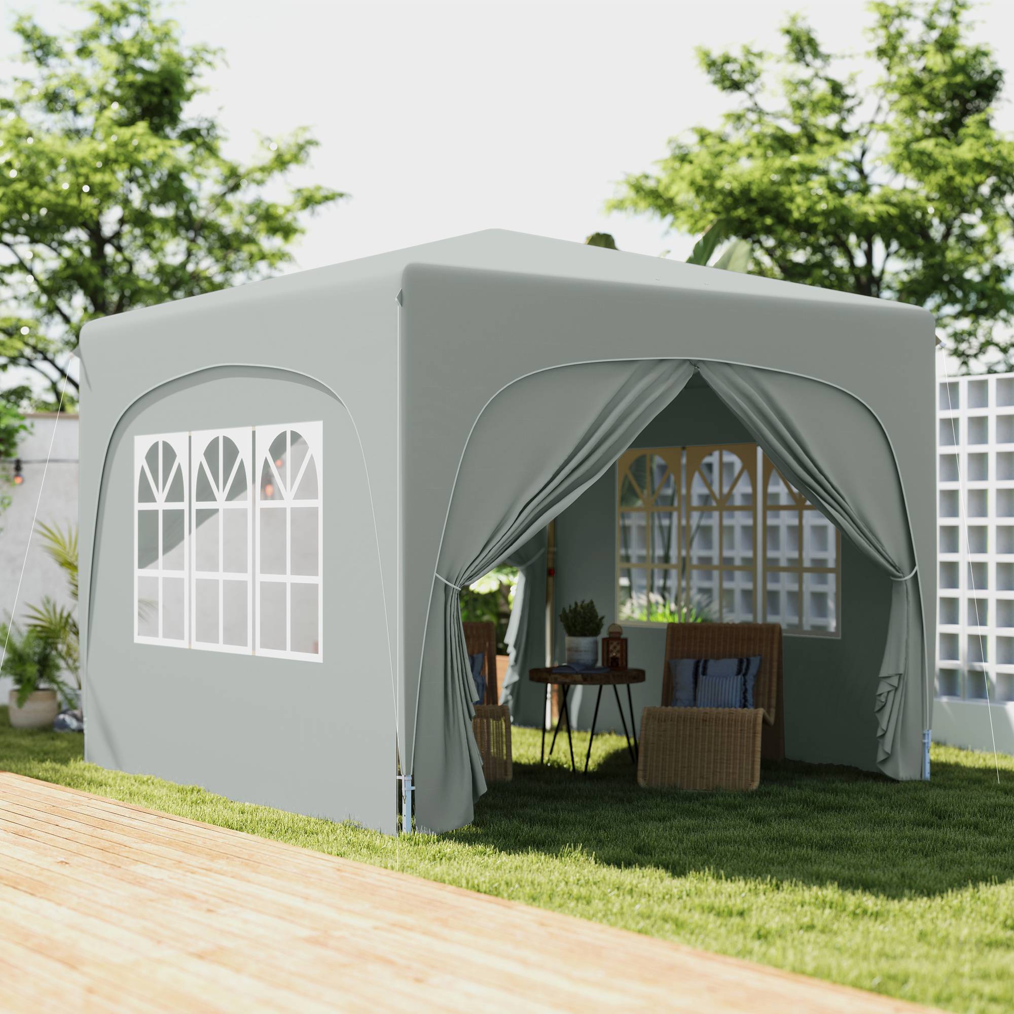 Tente pliante 3x3m avec 3 niveaux de hauteur réglables, 4 côtés, fenêtres et sac de transport, imperméable UPF50+, grise - Image 3