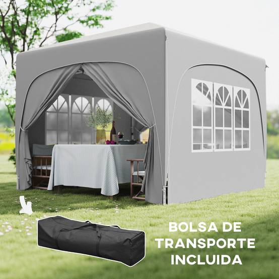 Tente pliante 3x3m avec 3 niveaux de hauteur réglables, 4 côtés, fenêtres et sac de transport, imperméable UPF50+, grise - Image 9
