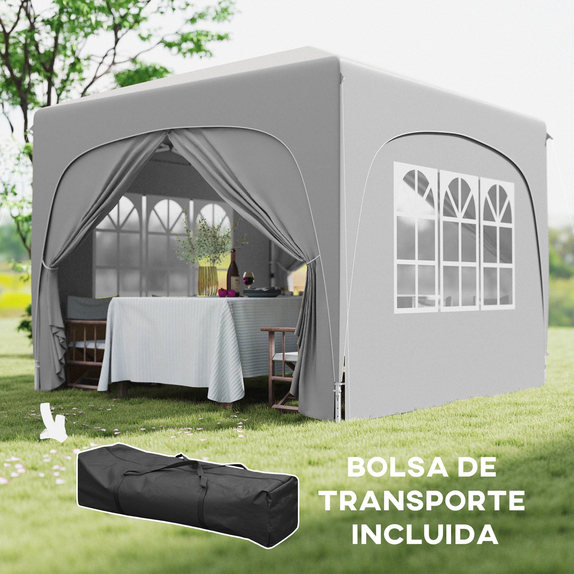 Tente pliante 3x3m avec 3 niveaux de hauteur réglables, 4 côtés, fenêtres et sac de transport, imperméable UPF50+, grise - Image 9