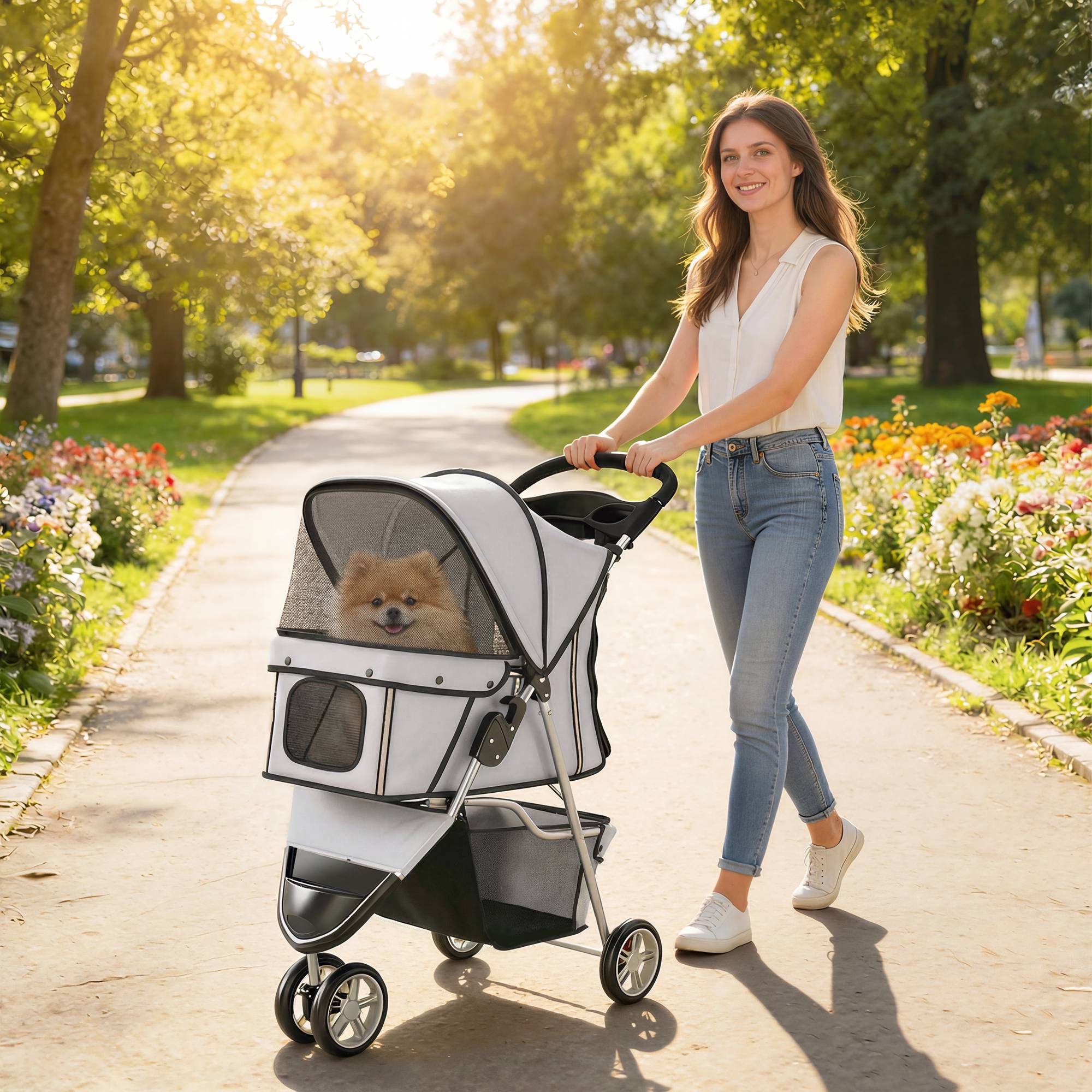 Poussette pour Chien 4 Roues, Chariot Pliable avec Auvent Réglable, Panier de Rangement, 77x44x102cm, Gris - Image 4