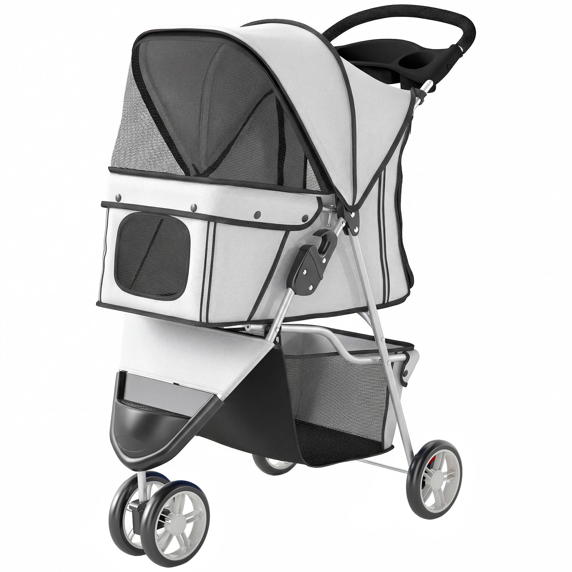 Poussette pour Chien 4 Roues, Chariot Pliable avec Auvent Réglable, Panier de Rangement, 77x44x102cm, Gris - Image 2
