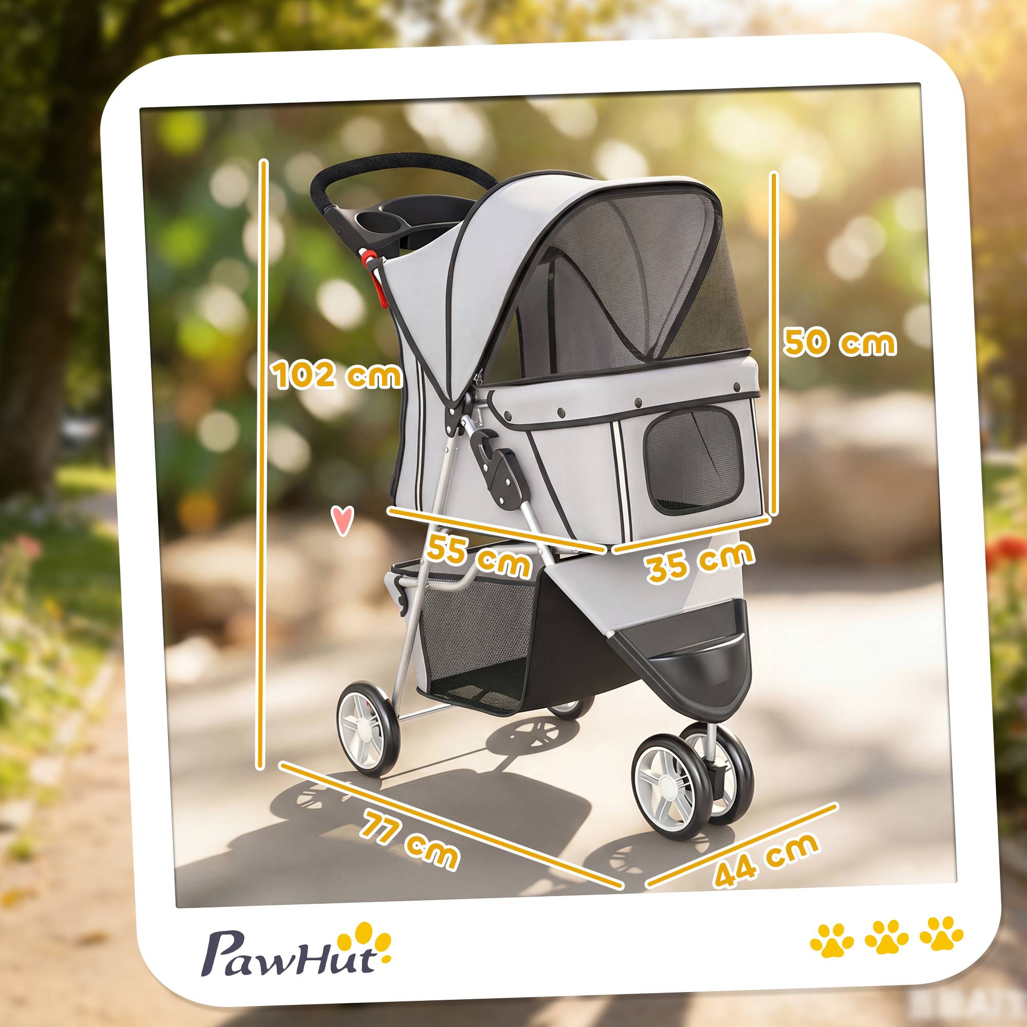 Poussette pour Chien 4 Roues, Chariot Pliable avec Auvent Réglable, Panier de Rangement, 77x44x102cm, Gris - Image 5