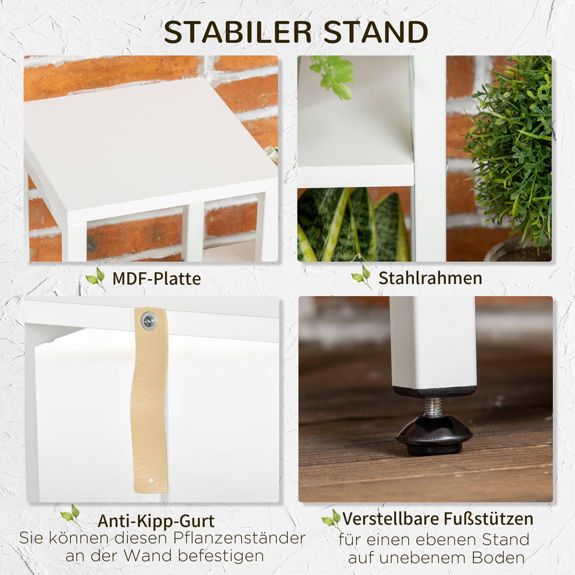 Porte-plantes 7 niveaux bois et acier avec dispositif anti-basculement blanc 65x23x94cm - ComfortXL Outdoor Living - Image 7