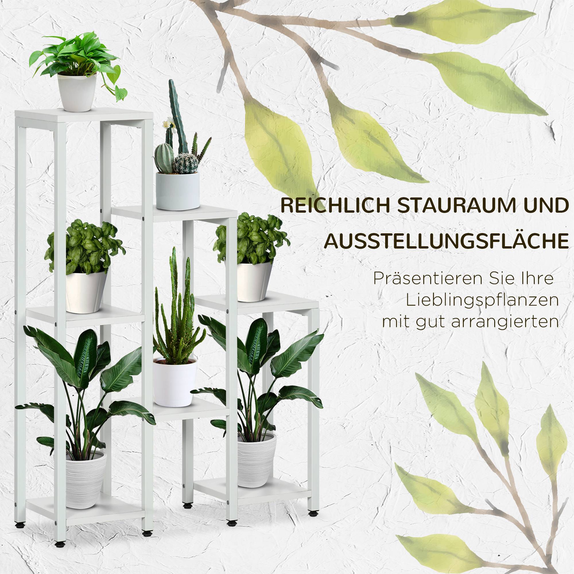Porte-plantes 7 niveaux bois et acier avec dispositif anti-basculement blanc 65x23x94cm - ComfortXL Outdoor Living - Image 6