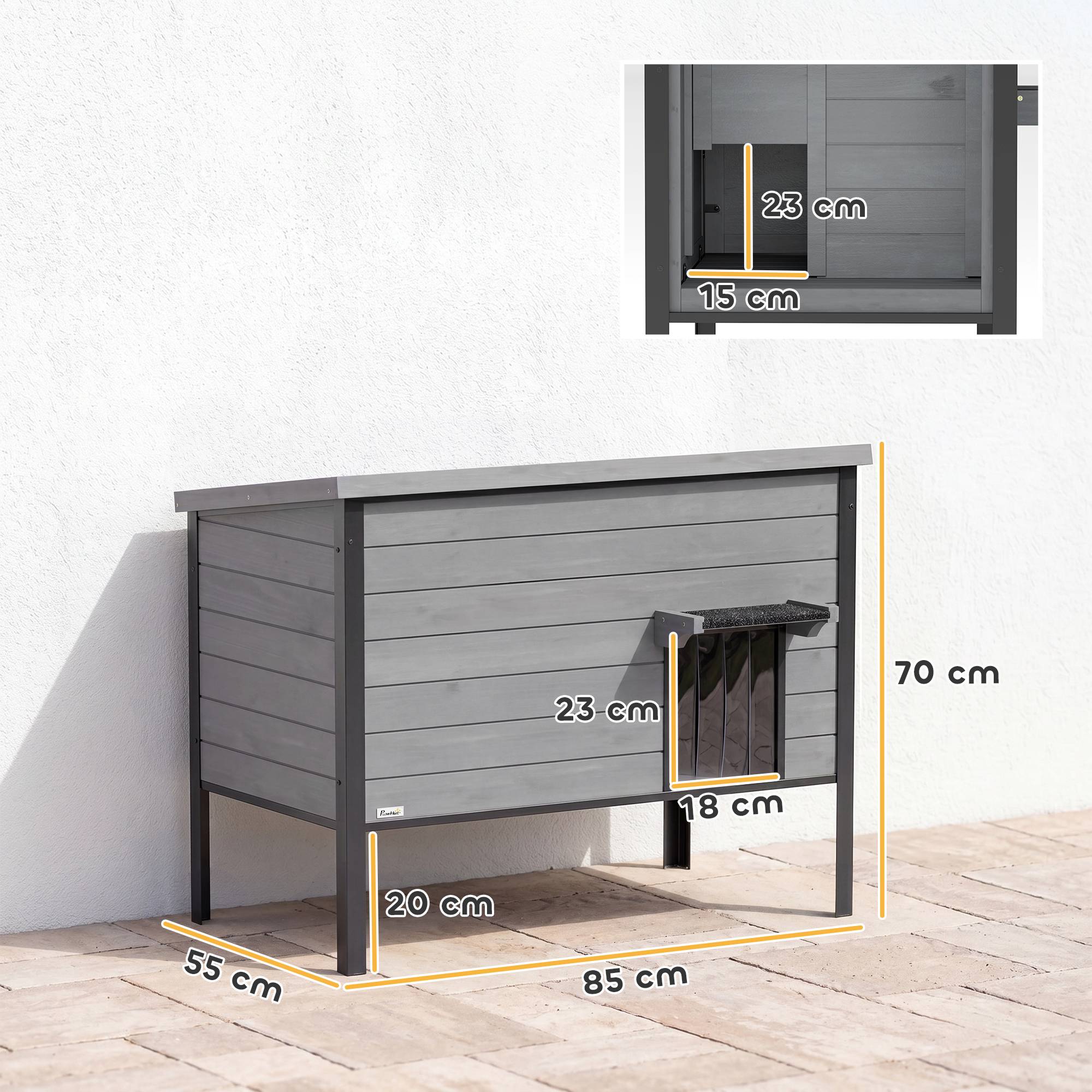 Sans Marque - Niche pour chat résistante aux intempéries, toit à charnières, plancher amovible, 1 à 2 chats jusqu'à 12 kg, 85x55x70 cm, gris clair - Image 5
