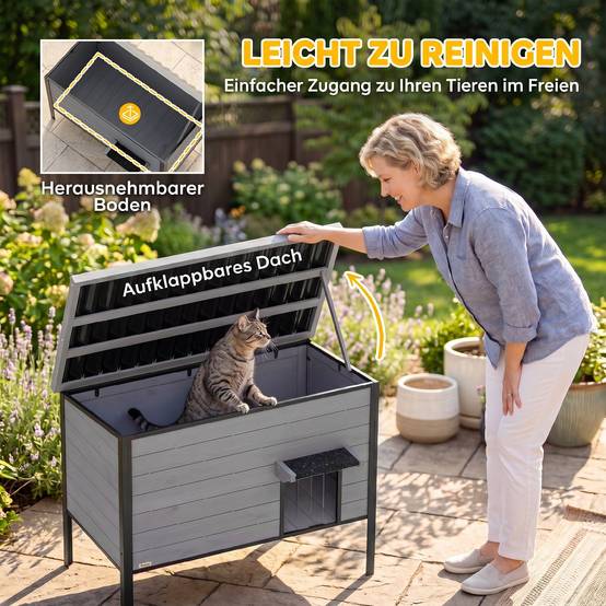 Sans Marque - Niche pour chat résistante aux intempéries, toit à charnières, plancher amovible, 1 à 2 chats jusqu'à 12 kg, 85x55x70 cm, gris clair - Image 7