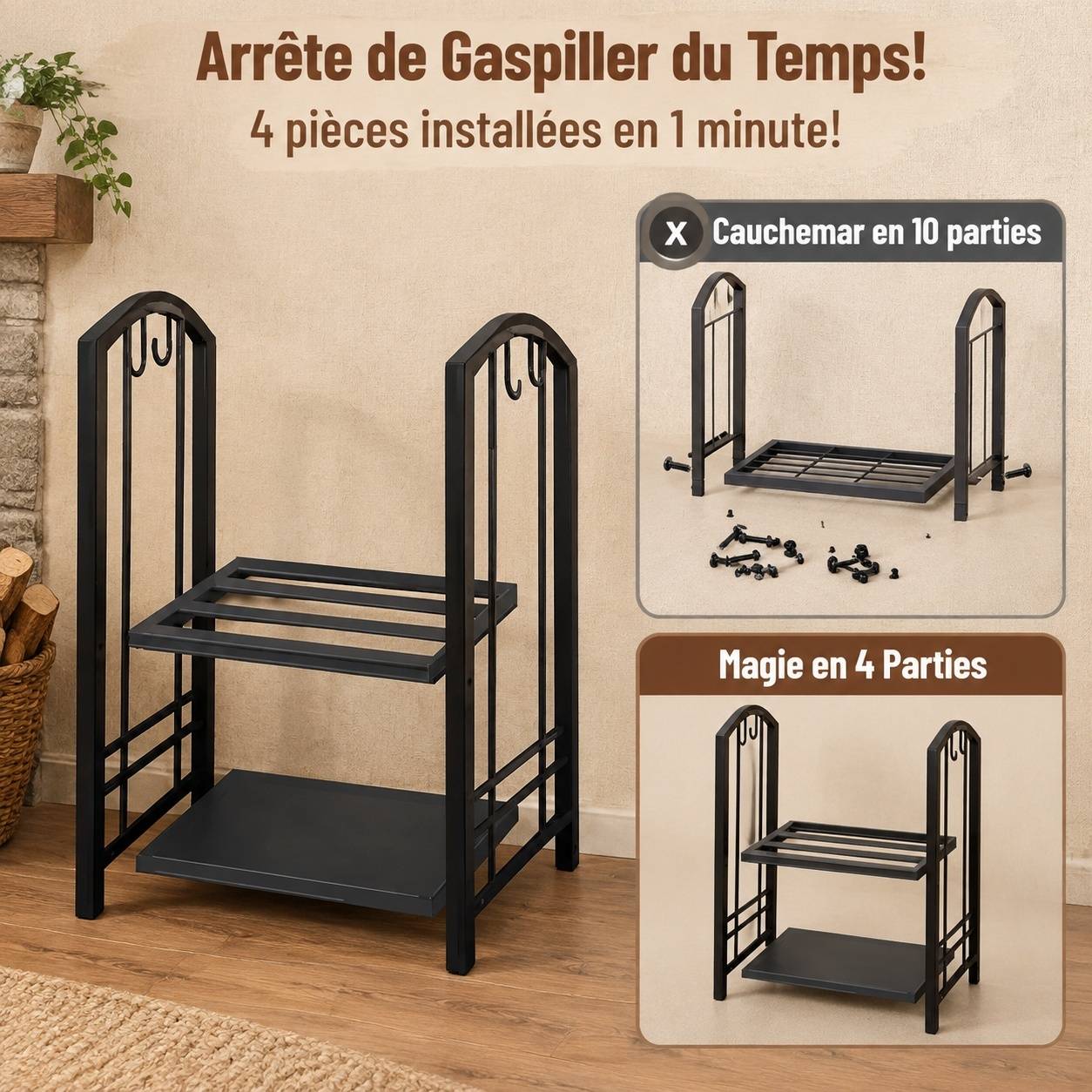 Support à Bûches Cheminée avec Accessoires Rangement Intérieur Extérieur - Image 3