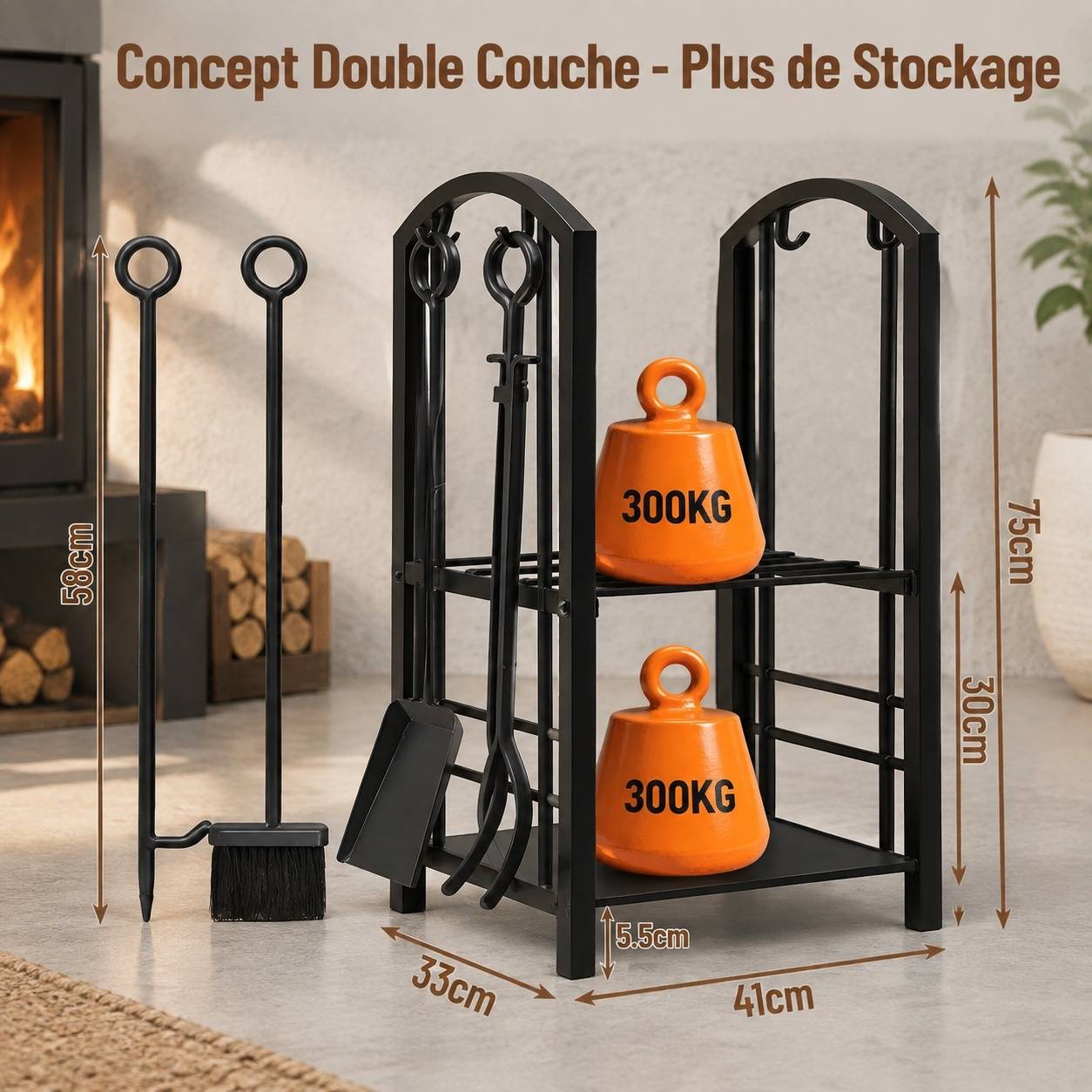 Support à Bûches Cheminée avec Accessoires Rangement Intérieur Extérieur - Image 2