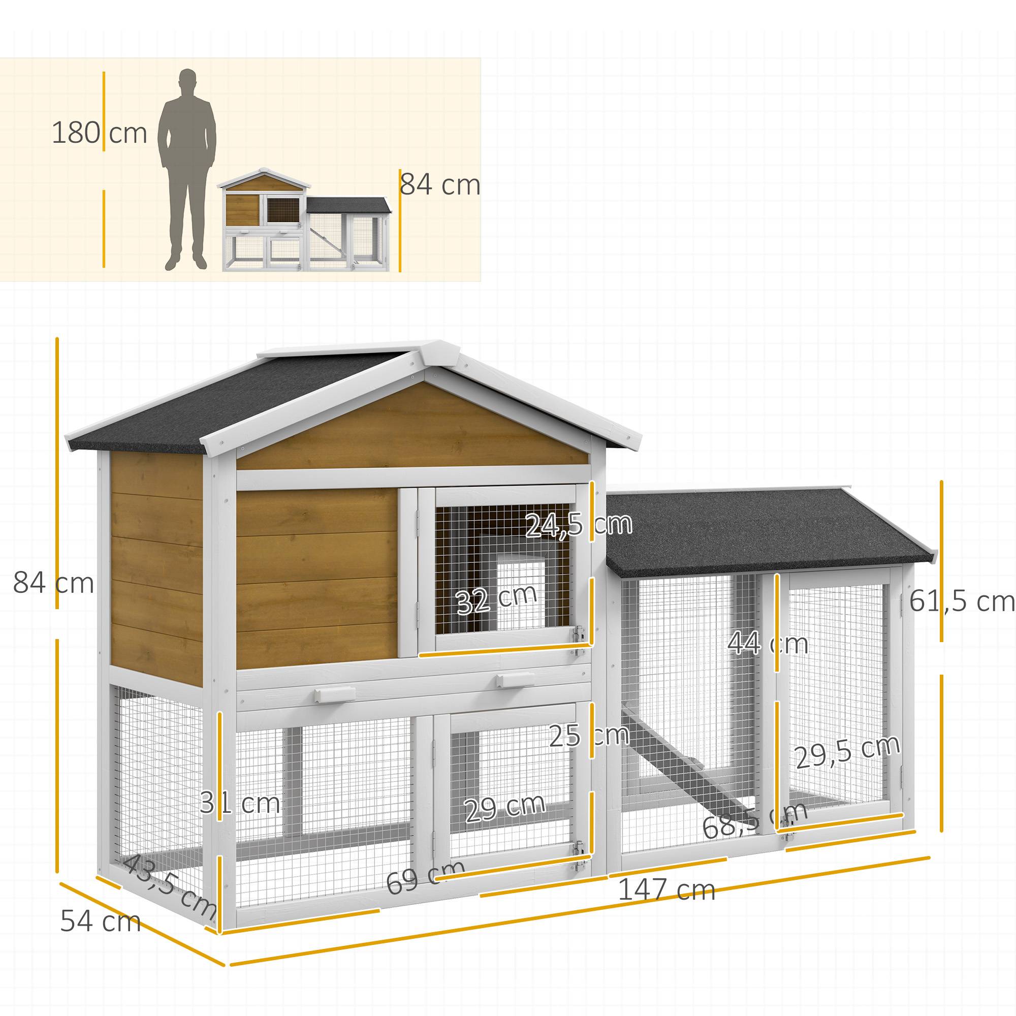 Sans Marque - Hasenstall 2 Etagen Kaninchenstall Holz Bitumendach Freilaufgehege Rampe Türen 147x54x84 cm Gelb - Image 5