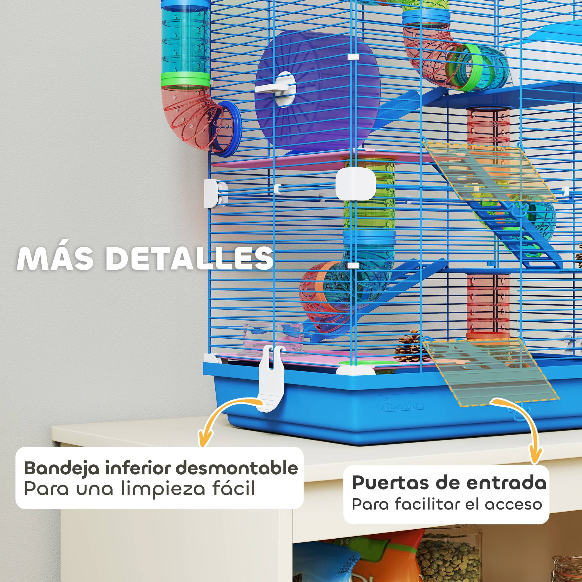 Cage hamster tunnel plateformes bol abreuvoir cabane rampes roue, 46x30x58cm, bleu - Image 9