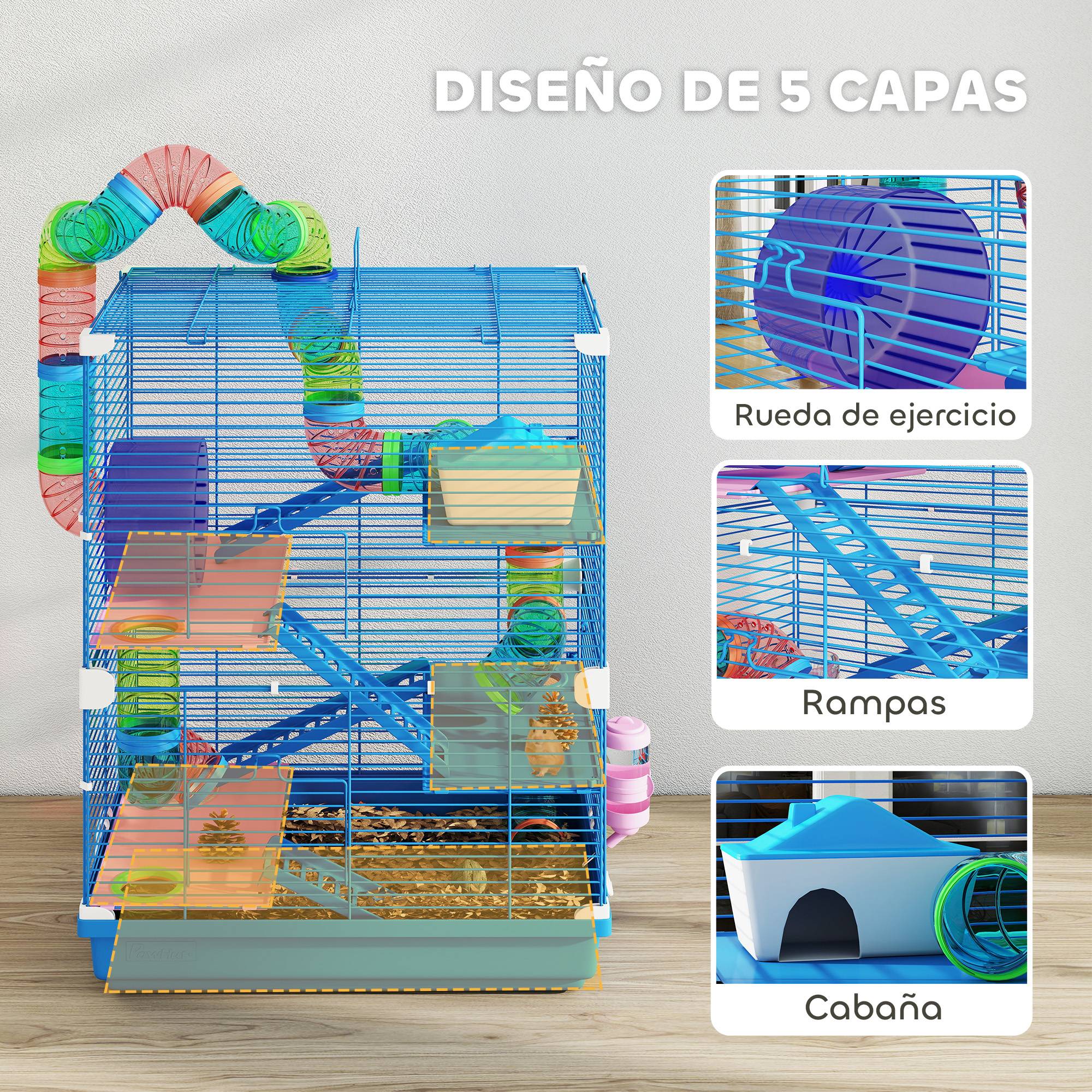 Cage hamster tunnel plateformes bol abreuvoir cabane rampes roue, 46x30x58cm, bleu - Image 8