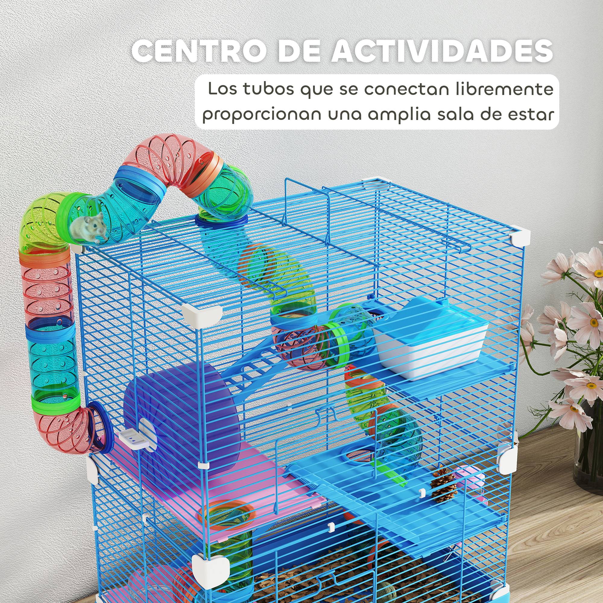 Cage hamster tunnel plateformes bol abreuvoir cabane rampes roue, 46x30x58cm, bleu - Image 6