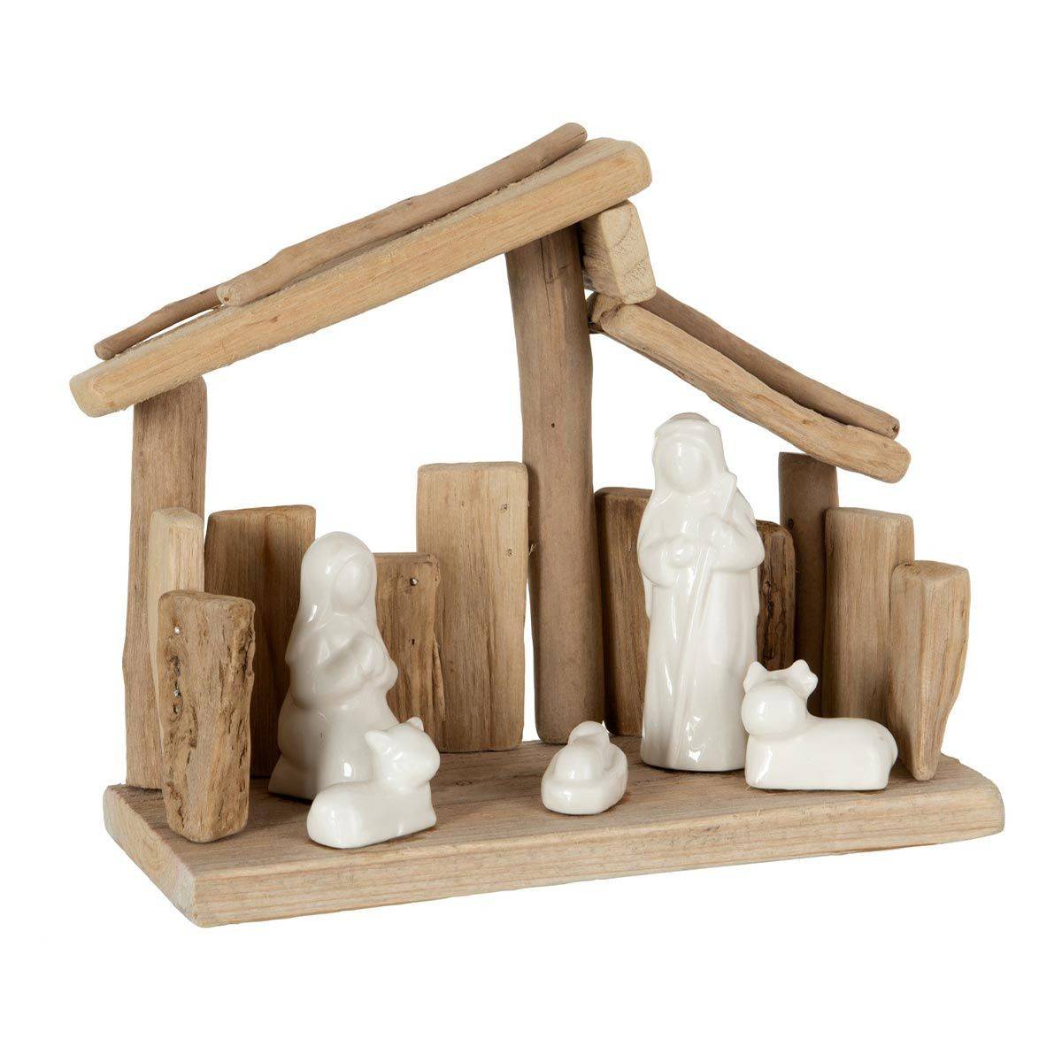 J-Line - Crèche de Noël "Toit Incliné" 23cm Naturel & Blanc - Image 1