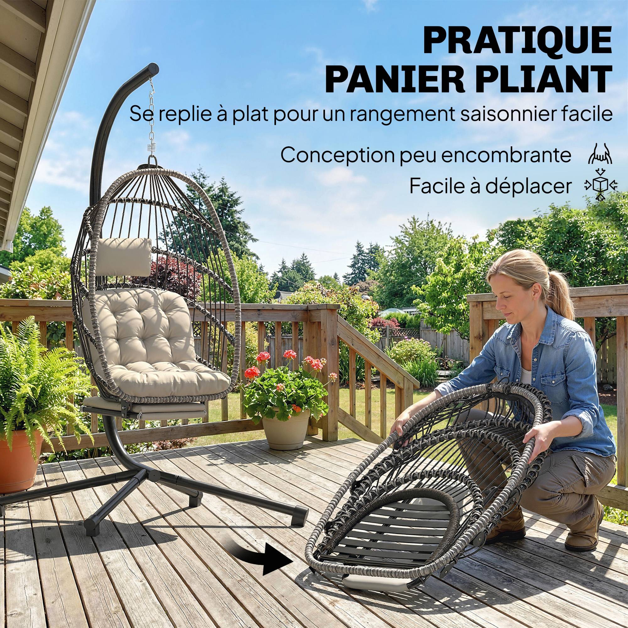 Fauteuil suspendu avec support, chaise suspendue pliante avec repose-pieds rétractable, gris clair - Image 7