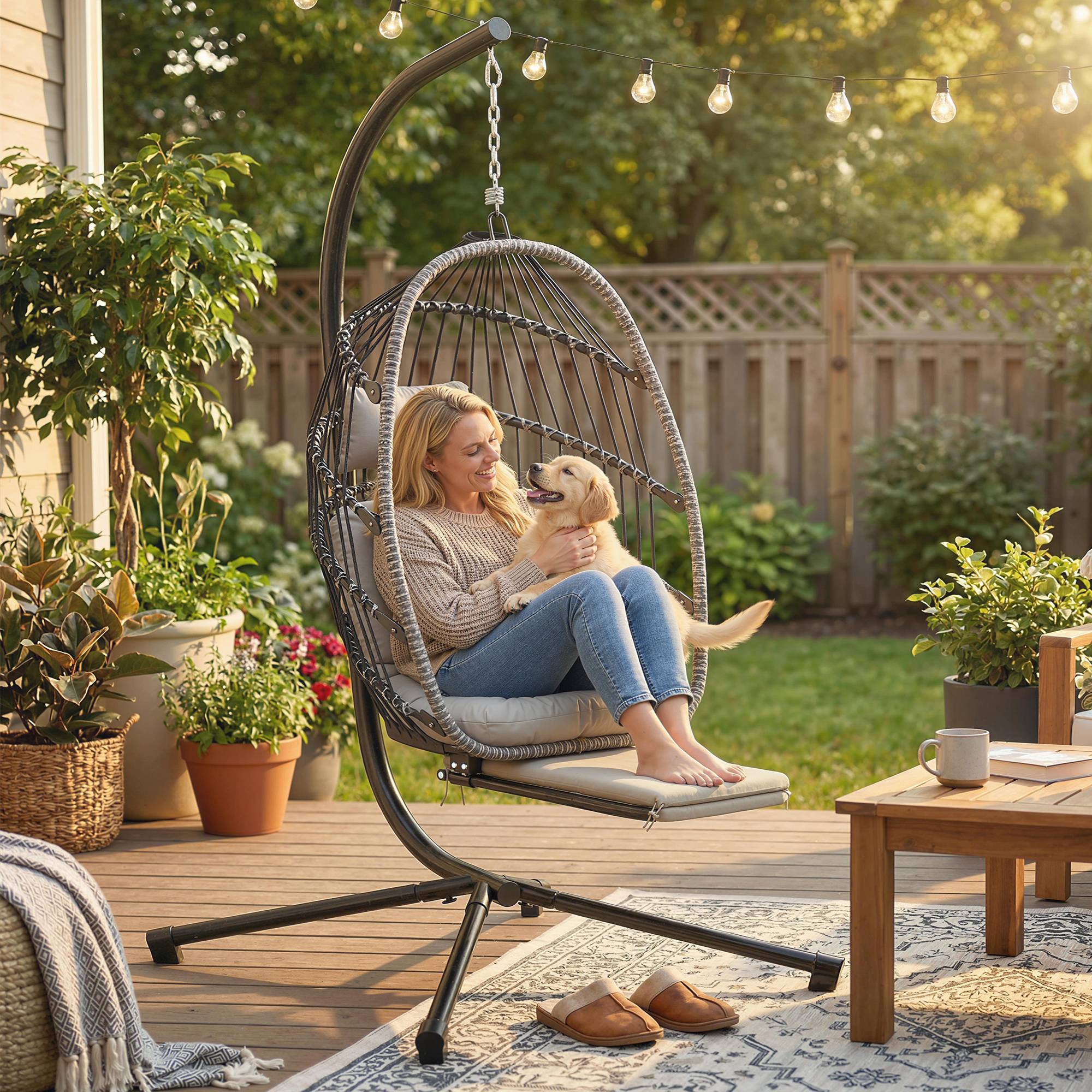 Fauteuil suspendu avec support, chaise suspendue pliante avec repose-pieds rétractable, gris clair - Image 3