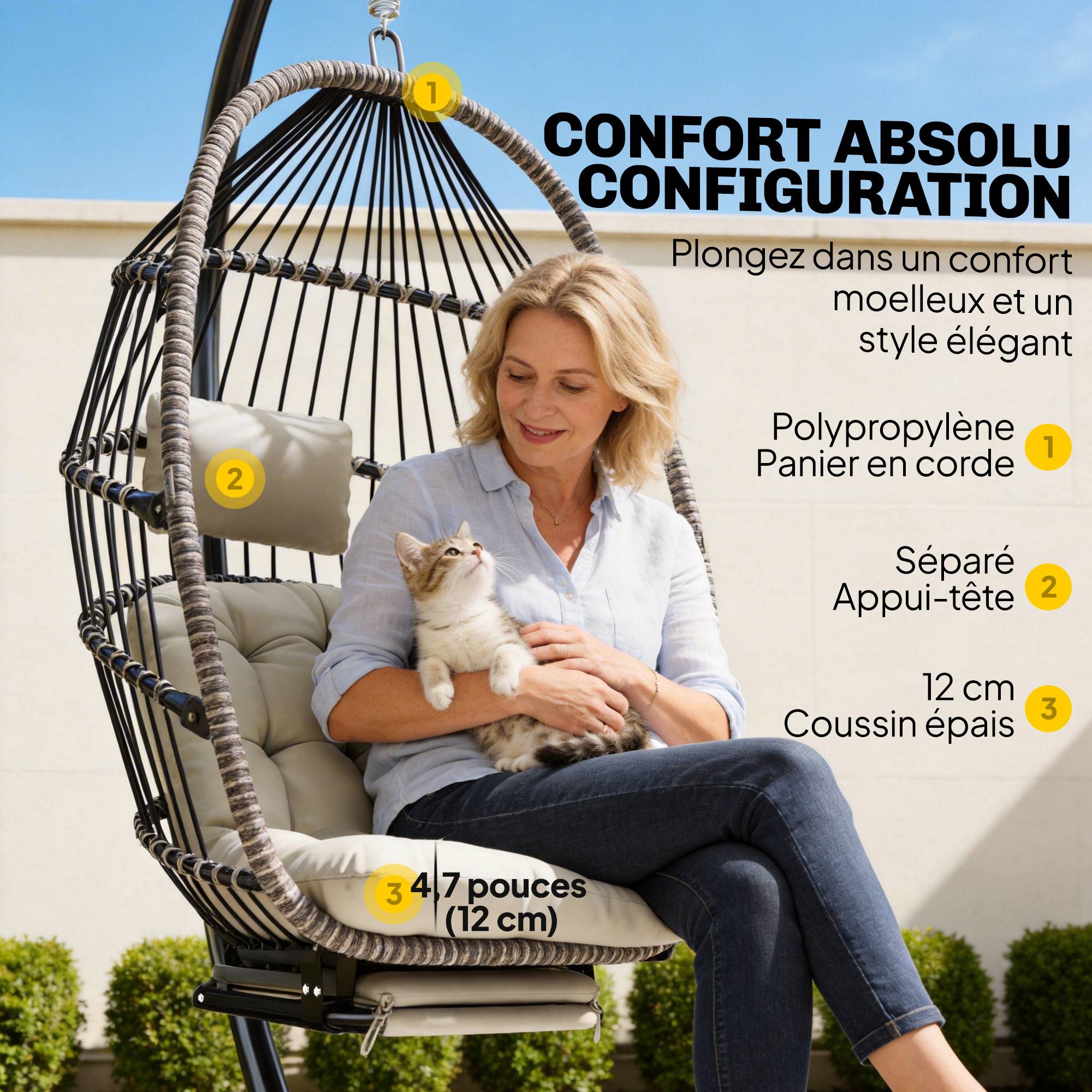 Fauteuil suspendu avec support, chaise suspendue pliante avec repose-pieds rétractable, gris clair - Image 8