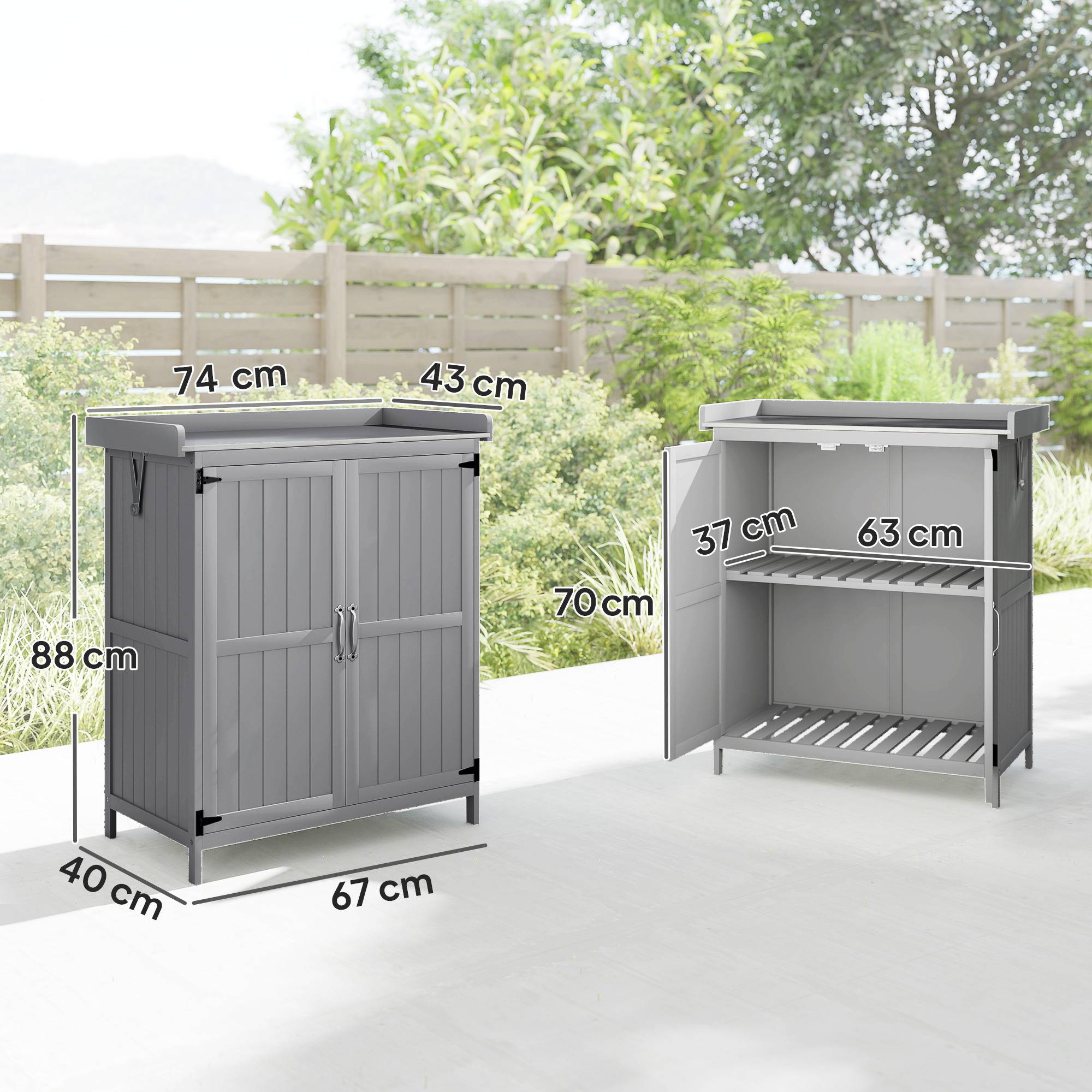 Armoire de jardin en bois abri de jardin avec 2 portes, toit à charnières et étagère, 74 x 43 x 88 cm, gris - Image 5
