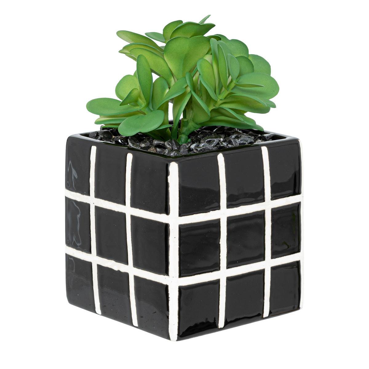 Atmosphera - Plante grasse artificielle dans un pot en céramique brillante à carreau H 17 cm