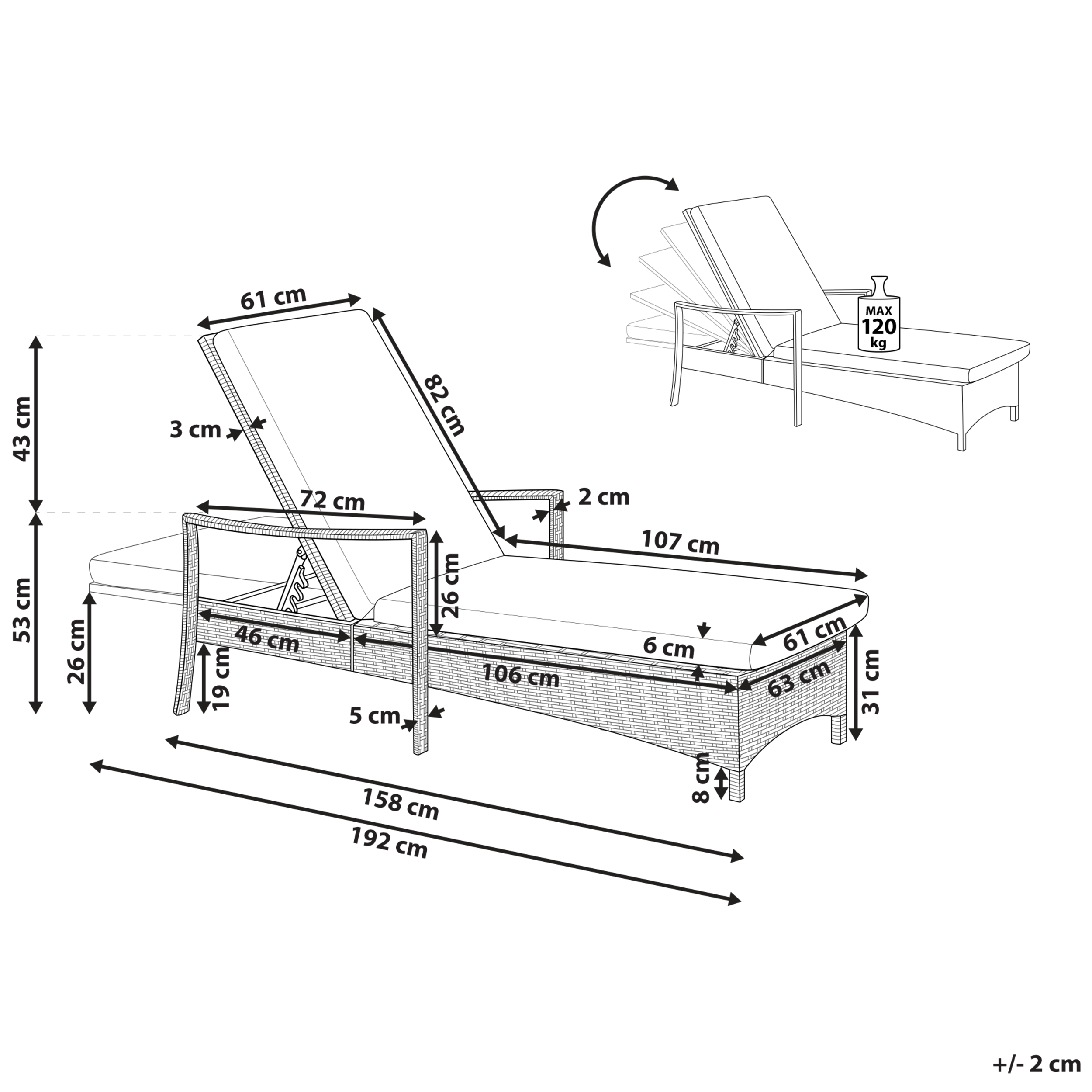 Beliani - Chaise Longue Bain de Soleil avec Dossier Réglable en Rotin Marron avec Coussin Gris Design Intemporel et Moderne pour Jardin ou Terrasse Beliani - Image 3