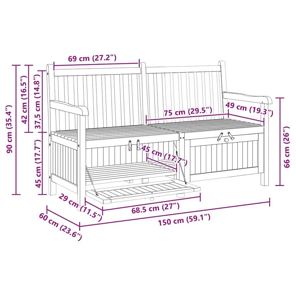 Banc Coffre Rangement Extérieur Bois Teck Massif 2-en-1 pour Terrasse Balcon 150 cm Marron – ComfortXL Outdoor Living - Image 7