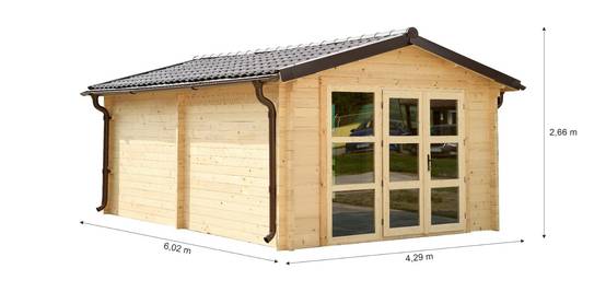 Habrita - Garage madriers - 60 mm - Surface extérieure 25,83 m2 - Couverture Bardeaux verriers bitumés - Porte de garage métallique avec bardage bois - Image 3