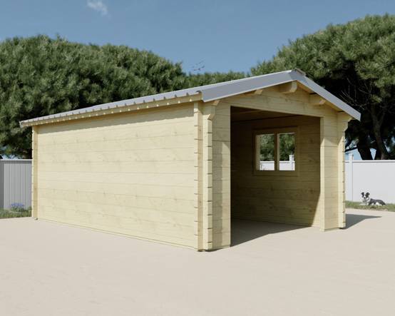 Habrita - Garage madriers - 60 mm - Surface extérieure 25,83 m2 - Couverture Bardeaux verriers bitumés - Porte de garage métallique avec bardage bois - Image 1