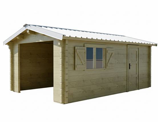 Habrita - Garage madriers - 60 mm - Surface extérieure 25,83 m2 - Couverture Bardeaux verriers bitumés - Porte de garage métallique avec bardage bois - Image 2