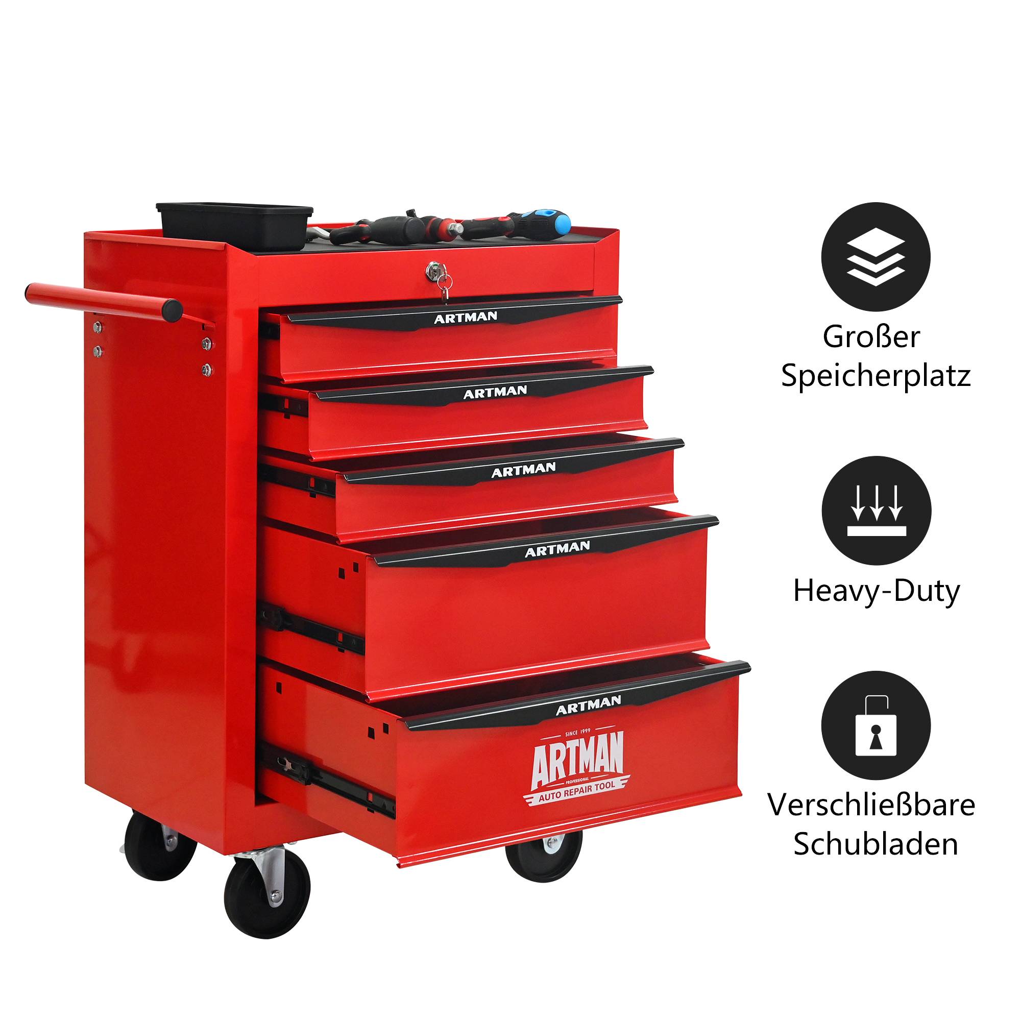 Servante d'atelier Acier Garage 5 Tiroirs Roulante Verrouillable Rouge Noir - ComfortXL Outdoor Living - Image 9