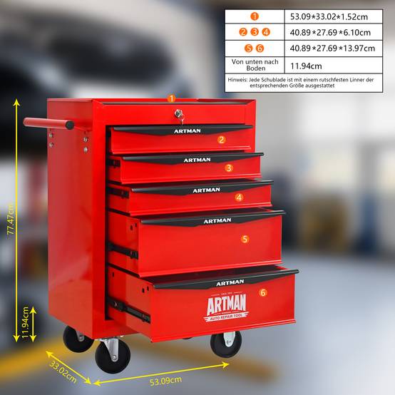 Servante d'atelier Acier Garage 5 Tiroirs Roulante Verrouillable Rouge Noir - ComfortXL Outdoor Living - Image 3