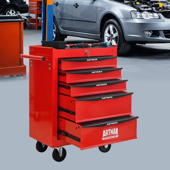 Servante d'atelier Acier Garage 5 Tiroirs Roulante Verrouillable Rouge Noir - ComfortXL Outdoor Living - Image 1