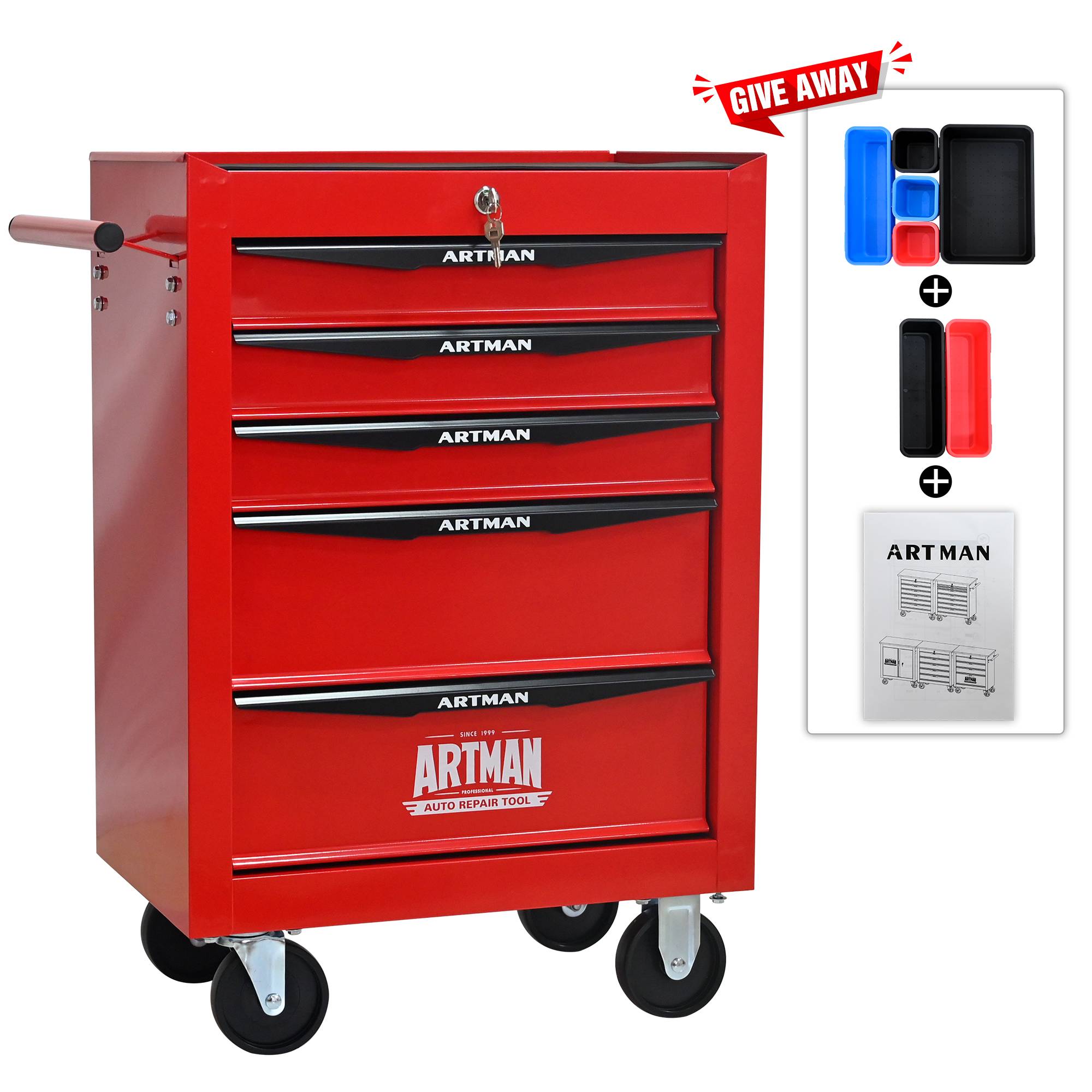 Servante d'atelier Acier Garage 5 Tiroirs Roulante Verrouillable Rouge Noir - ComfortXL Outdoor Living - Image 8