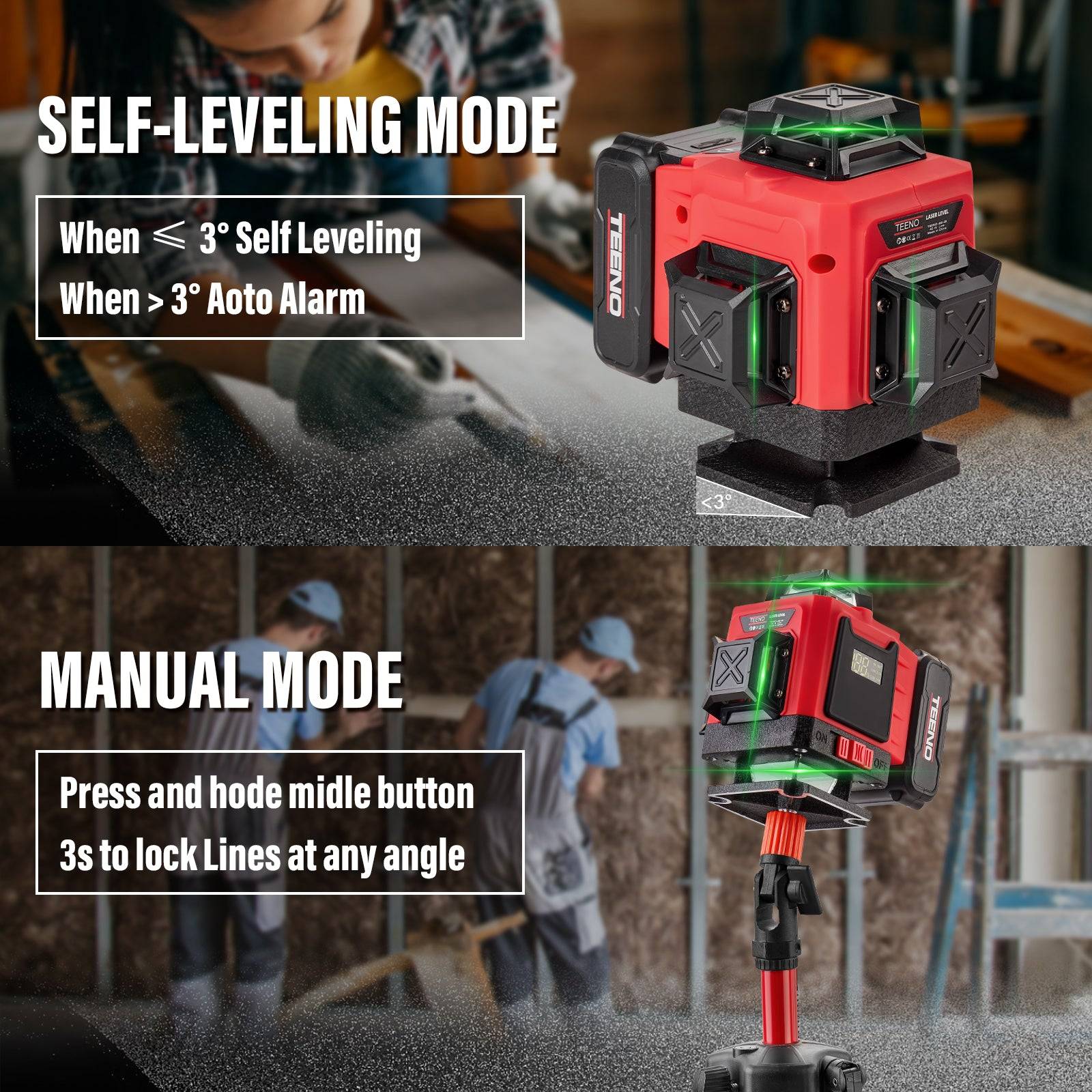 Teeno - Niveau laser 4 x 360° vert 4D 16 lignes, batterie rechargeable 4800 mAh x 2 avec télécommande et trépied, affichage digital LCD, base magnétique - Image 6